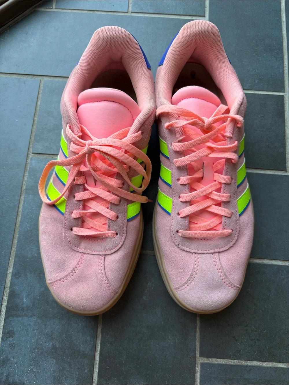 adidas Pink Platform Sneakers with Neon Green and Blue Accents
